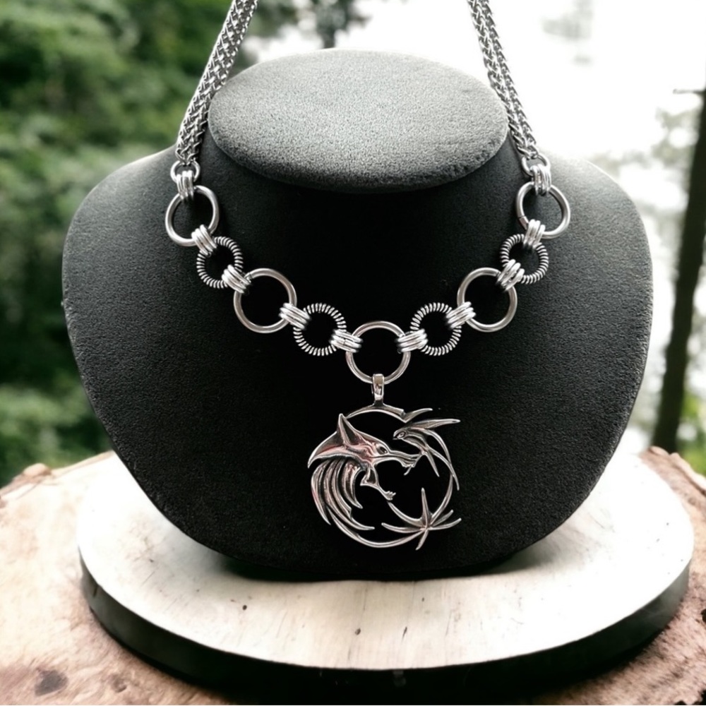 Handmade stainless steel necklace double wheat chain wolf celtic viking charm - Picture 4 of 10